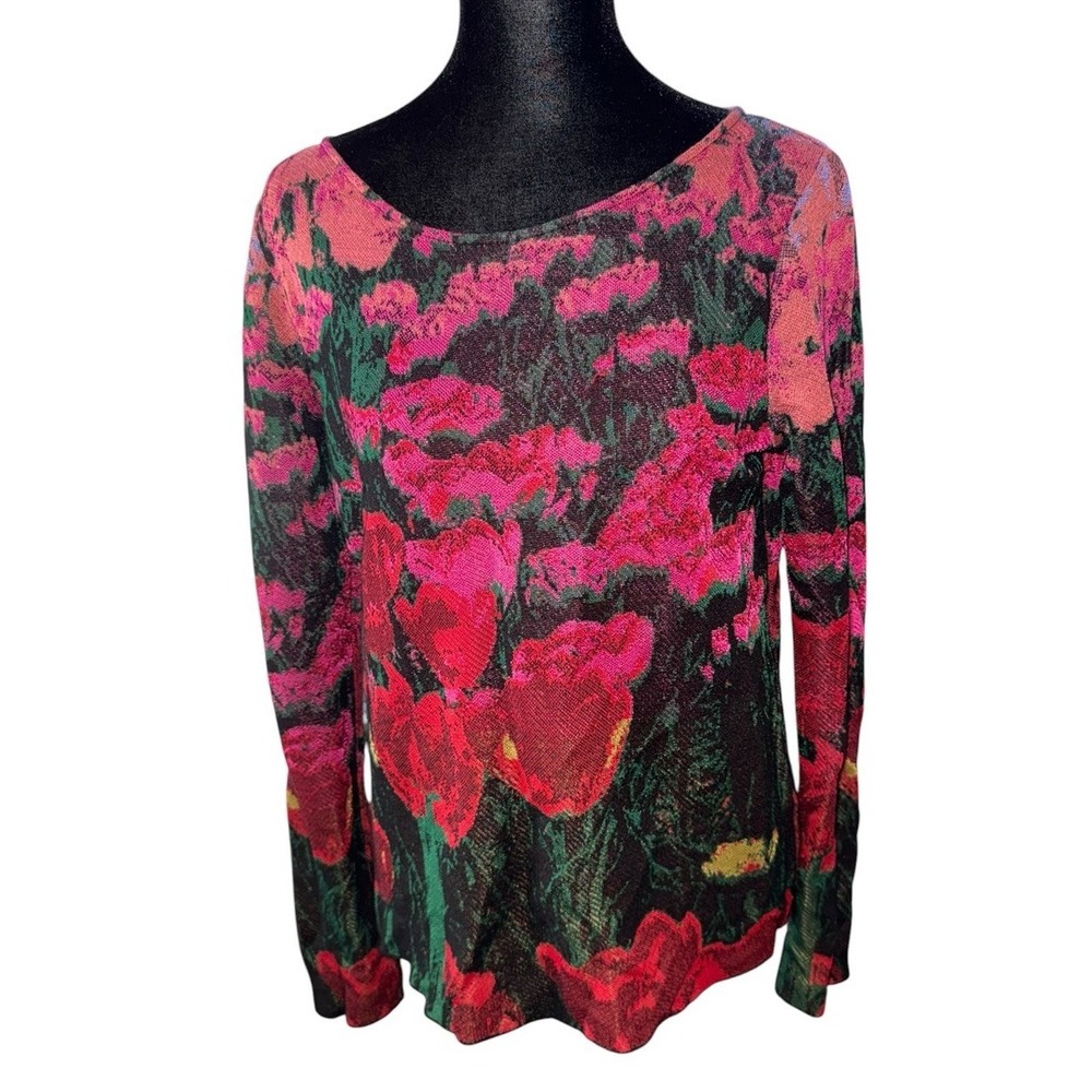 Aldomartins Floral Knit Sweater Women's US 4 Pink Tulip Print Tie Back Boho - Picture 2 of 8